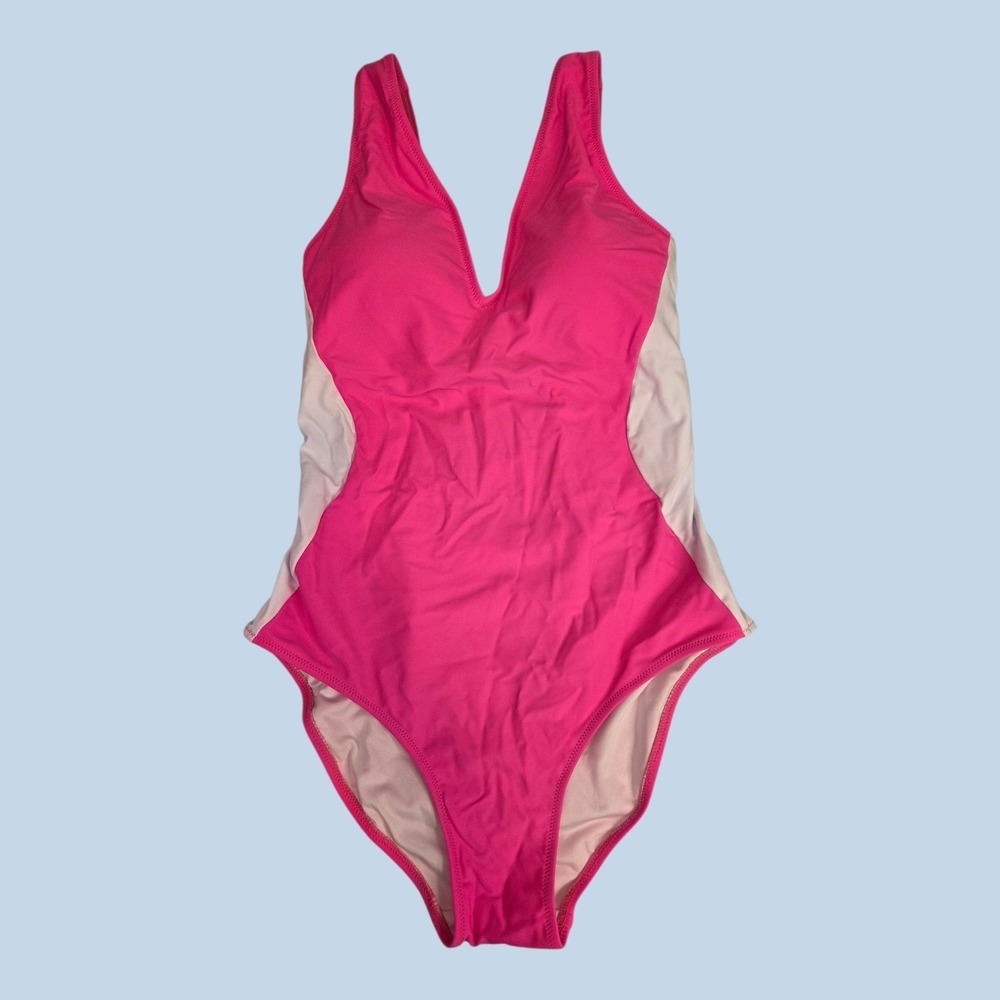 One Piece Sz M Swimsuit NEON PINK and White Corset Style Back Hi‎ Cut Slimming